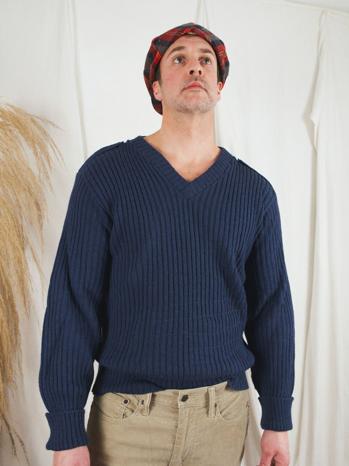 Vintage 70's Slate Blue Military Ribbed Wool V-Neck Knit Warm Elbow Patch Pullover Sweater