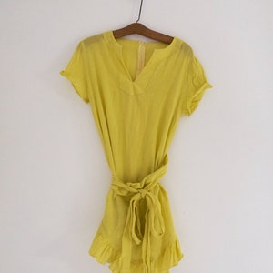 Vintage 70's Canary Yellow Flirty Wrap Ruffle Cotton Gauze Mini Tie Waist Bow Detail Dress image 6