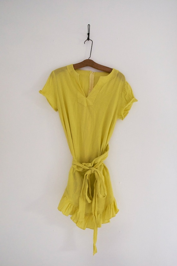 Vintage 70's Canary Yellow Flirty Wrap Ruffle Cot… - image 6