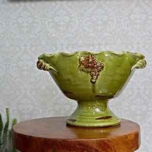 Ceramic Pedestal Avocado Green &quot;Arte Italica&quot; Fruit Pottery Scalloped Glass Grape Motif Painted Handle Italian Decor Bowl