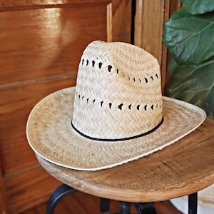 Vintage 70's Natural Woven Straw High Top Wheat Western Cowboy Summer