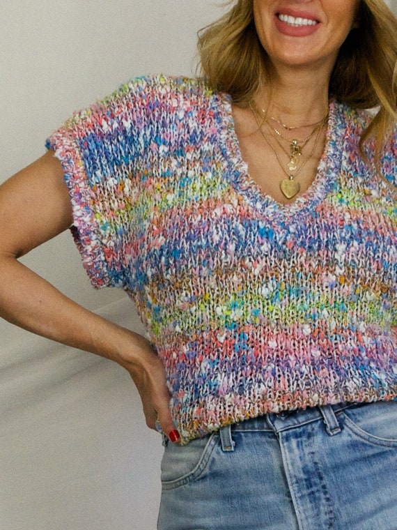 Vintage 80's Pastel Rainbow Marled Ombre Knit V-N… - image 2