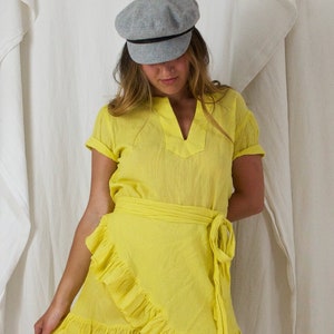 Vintage 70's Canary Yellow Flirty Wrap Ruffle Cotton Gauze Mini Tie Waist Bow Detail Dress image 2