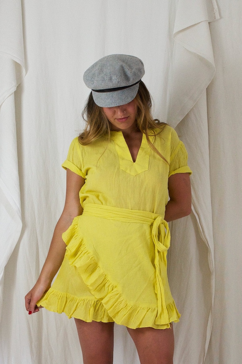 Vintage 70's Canary Yellow Flirty Wrap Ruffle Cotton Gauze Mini Tie Waist Bow Detail Dress image 2