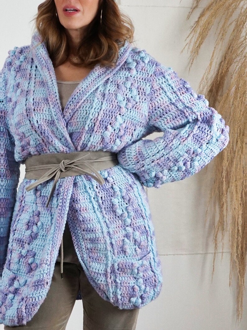 Vintage 80's Handknit Purple Pastel Crochet Textured Popcorn Stitch Cozy Cardigan Blue Sweater Coat image 4