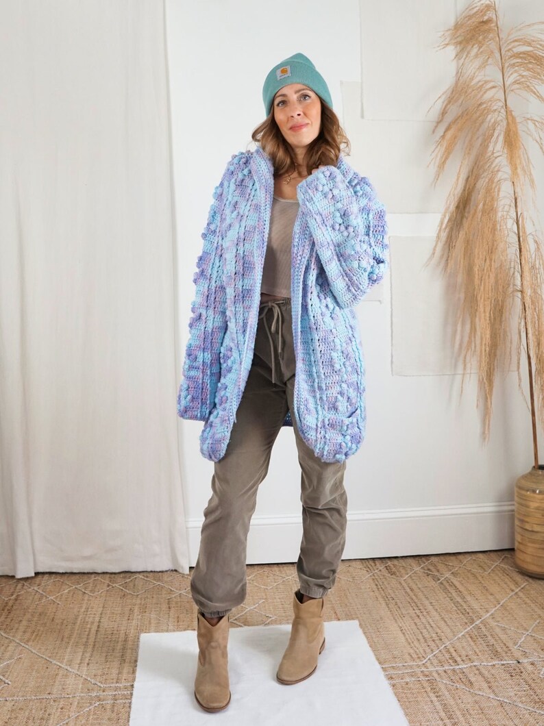 Vintage 80's Handknit Purple Pastel Crochet Textured Popcorn Stitch Cozy Cardigan Blue Sweater Coat image 9