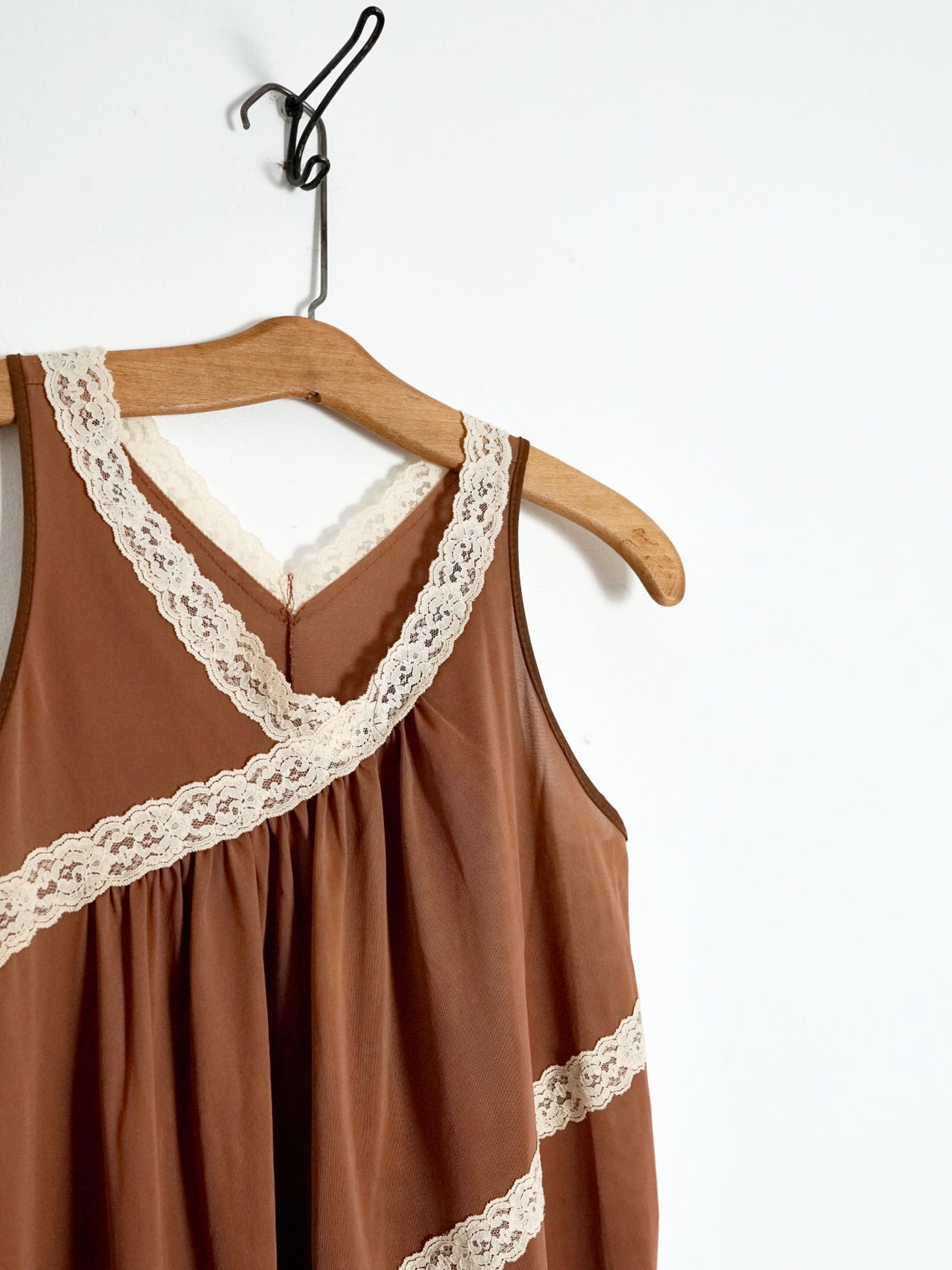 Vintage 60's Incense Brown Silky Nylon Lace Long Sleeveless Maxi Dress