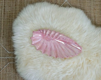 Vintage 60's Iridescent Pink Ceramic Scalloped Shell Large Trinket Handmade Seashell Bowl