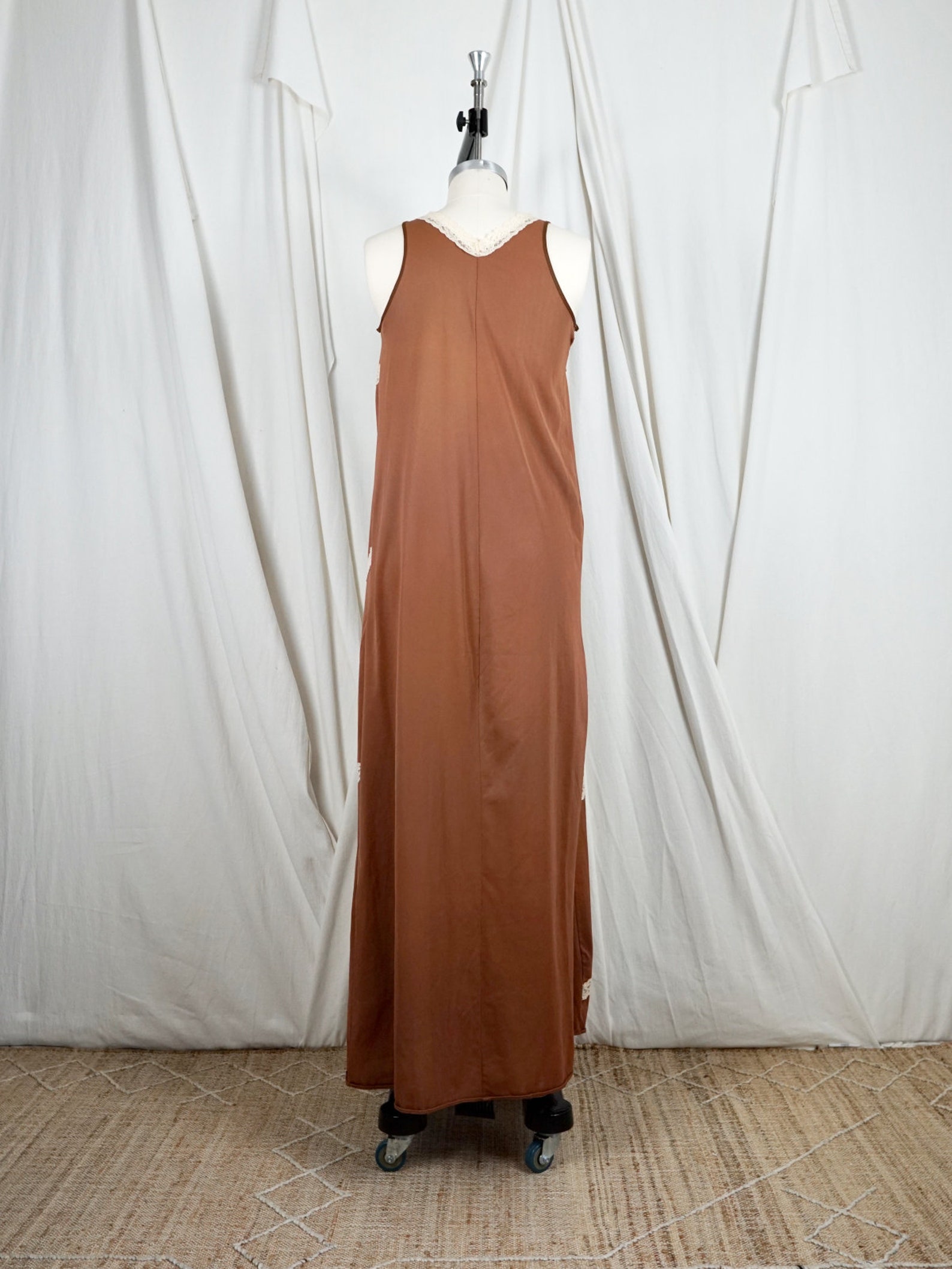 Vintage 60's Incense Brown Silky Nylon Lace Long Sleeveless Maxi Dress