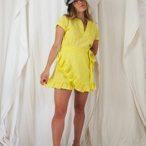 Vintage 70's Canary Yellow Flirty Wrap Ruffle Cotton Gauze Mini Tie Waist Bow Detail Dress image 3