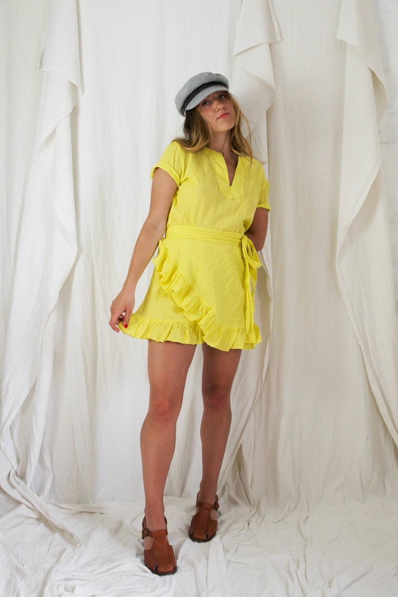 Vintage 70's Canary Yellow Flirty Wrap Ruffle Cotton Gauze Mini Tie Waist Bow Detail Dress image 3