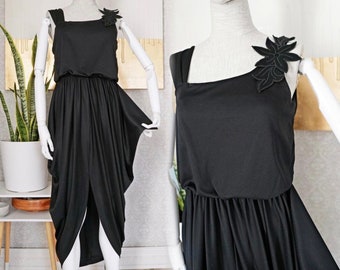 Vintage 80's Floral Appliqué Strap Black Sleeveless Tank Split Hem Pleated Drape Dress