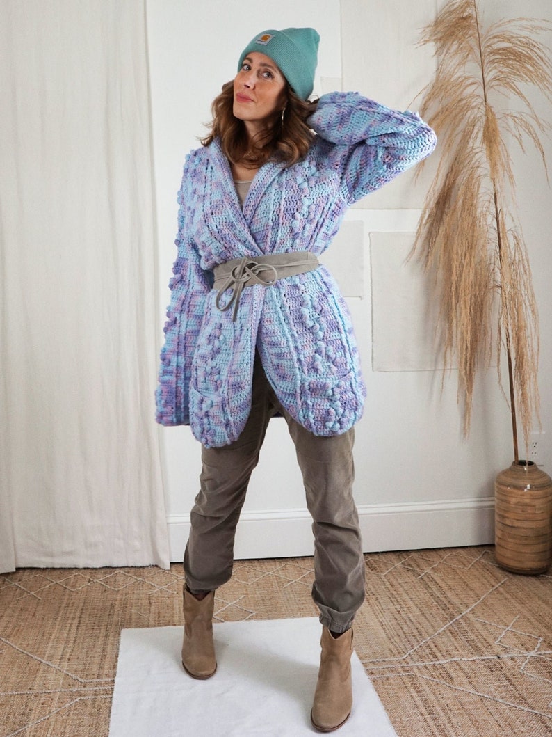 Vintage 80's Handknit Purple Pastel Crochet Textured Popcorn Stitch Cozy Cardigan Blue Sweater Coat image 5