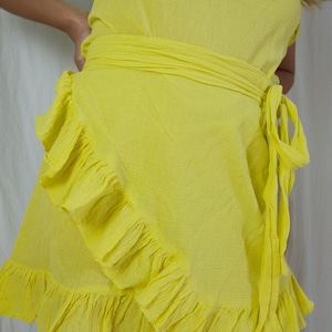 Vintage 70's Canary Yellow Flirty Wrap Ruffle Cotton Gauze Mini Tie Waist Bow Detail Dress image 4