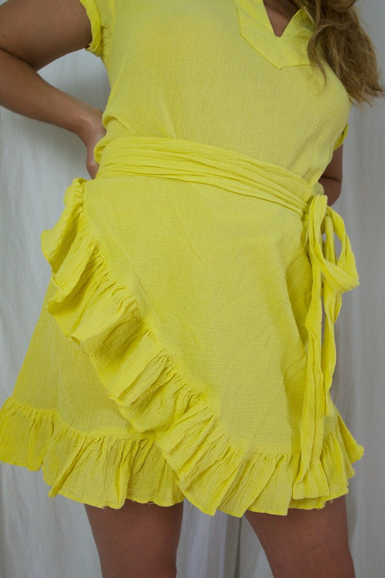 Vintage 70's Canary Yellow Flirty Wrap Ruffle Cotton Gauze Mini Tie Waist Bow Detail Dress image 4
