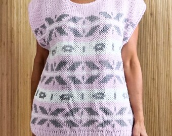 Vintage 80's Slouchy Pink Abstract Sleeveless Sweater Stripe Knit Long Vest