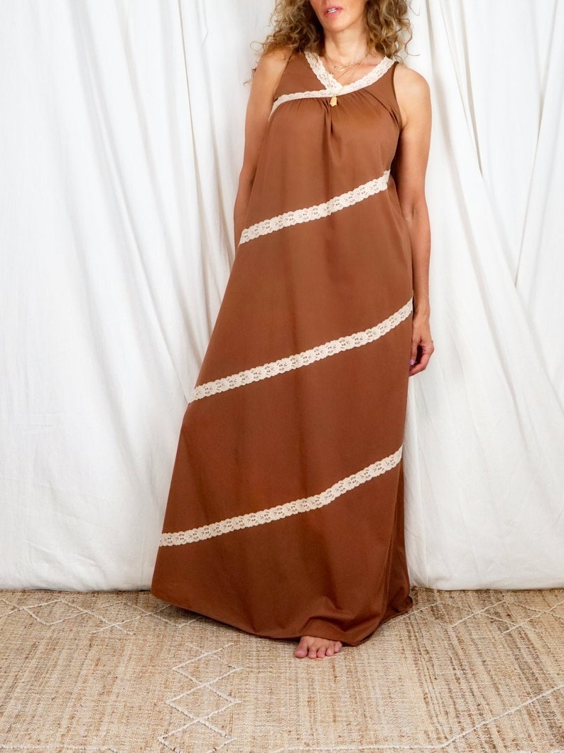 Vintage 60's Incense Brown Silky Nylon Lace Long Sleeveless Maxi Dress