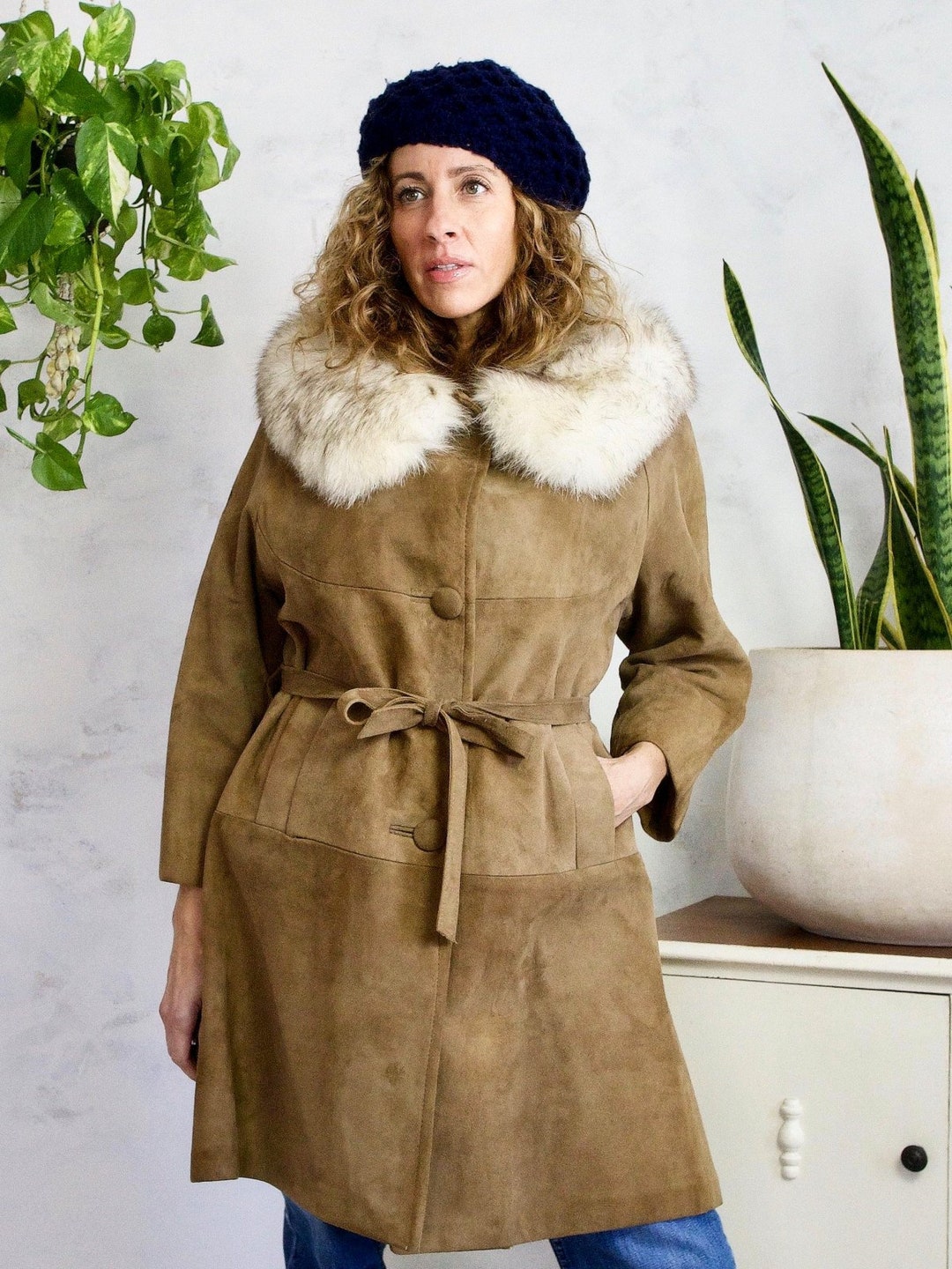 Vintage 60s Suede Coat: Fox Fur Collar, Belted Camel Mod - Etsy