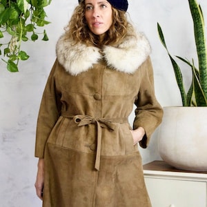 Vintage 60s Suede Coat: Fox Fur Collar, Belted Camel Mod