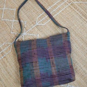 Vintage 70&#39;s Hand Dyed Narda&#39;s Original Irate Creations Hand Woven Tote Shoulder Leather Detail Pastel Rainbow Colorful Handmade Art Bag