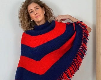 Vintage 70s Handknit Poncho: Red & Blue Stripe, Fringe Trim - Etsy