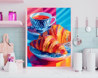 Impresión de cocina con croissant y taza de té: Arte mural de desayuno colorido (descarga digital)