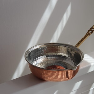 Handgefertigter Kupfertopf - 14 cm Durchmesser, 25 cm Länge, 4 cm Tiefe - Innen verzinnt, türkisches Kupferkochgeschirr, Geschenk für die Küche