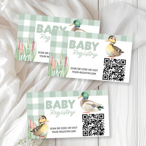 Tarjeta de registro imprimible "Waddle it Be Duck" con código QR, plantilla editable de Corjl, regalo para revelar el género, cuadros verde salvia, E2507