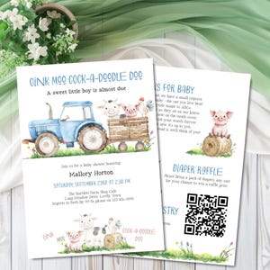 May include: Baby shower invitation with a blue tractor, farm animals, and the text "OINK MOO COCK-A-DOODLE DOO." The invitation includes details for Mallory Horton's baby shower, with a request for diapers and a QR code.