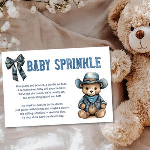 Biglietto d'auguri con inserto in Blue Jean Baby Sprinkle, poesia "Nessun regalo", aggiunta modificabile per baby shower, stampabile per baby shower in denim, poesia regalo minimale, E2523