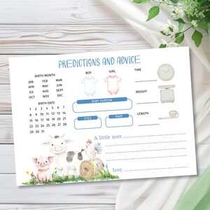 Scheda con previsioni e consigli per il bambino, modello di gioco/attività per baby shower in fattoria, trattore blu per neonato, Corjl modificabile e stampabile, E2518