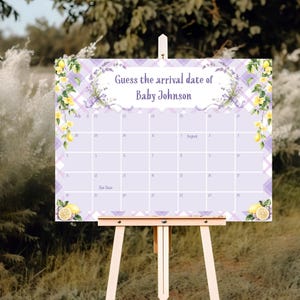 Fälligkeitsdatumskalender Babypartyspiel, Zitronen-Lavendel-Mädchendusche, Vintage-Picknick, bearbeitbare Corjl-Vorlage, druckbares vorhersage Poster, E2519