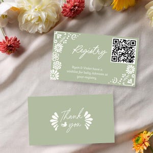 Carte d'enregistrement QR Cielito Lindo, modèle Fiesta vert sauge modifiable, boîtier de code QR pour cadeau de bébé, imprimable Corjl Talavera, E2511
