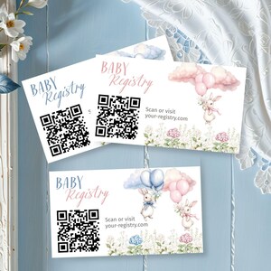 Registro de regalos con código QR, temática de conejito, globo rosa y azul editable, inserto de regalo para revelar el género (niño o niña), plantilla imprimible de Corjl, E2515