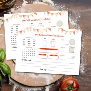 Scheda con previsioni e consigli per il baby shower a tema pizza, gioco stampabile "Slice Slice Baby", futura mamma, festa estiva per studenti, modello Corjl modificabile E2521