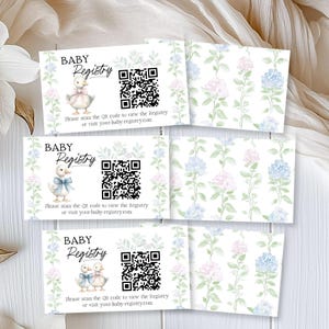 Carte de registre Silly Goose Gender Reveal, carte cadeau QR, lui ou elle, thème canard garçon fille, modèle Corjl imprimable modifiable, E2503