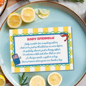 Lobster Baby Sprinkle Insert Card, No Gifts Poem, Italian Coastal Theme, Corjl Editable Template, Yellow Stripe Baby Shower, E2524