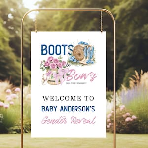 Boots or Bows Gender Reveal Welcome Sign, Printable Western Party Decor, Pink or Blue Cowboy Cowgirl Theme Customizable Sign Template, E2513