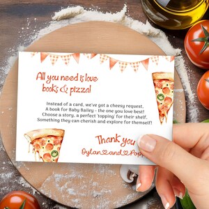 Pizza babyshowerboeken voor babykaart, pizzaboekverzoek invoegen, alles wat je nodig hebt is liefde, boeken en pizza, bewerkbare Corjl-sjabloon, E2521