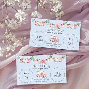 Révéler le genre à gratter à faire soi-même, faire-part de bébé renverser le thé, cartes à gratter tea party, jardin vintage floral imprimable modifiable, E2512