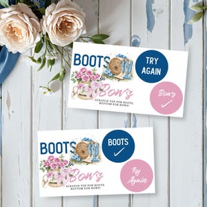 Tarjetas rasca y gana DIY: Botas o lazos, Juego para revelar el género, Actividad para baby shower de vaquera y vaquera, Plantilla PDF Corjl para juego de fiesta imprimible, E2513