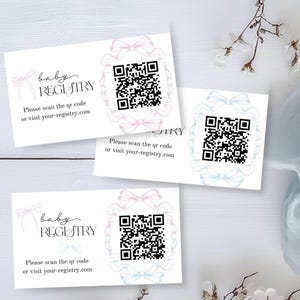 Carte de naissance avec code QR, nœud coquette rose et bleu, thème sexe révélateur, téléchargement immédiat corjl modifiable, encart cadeau, cadeaux pour bébé, E2506