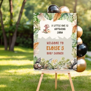 Hatching Soon Baby Shower Welcome Sign, Editable Dinosaur Decor, Printable Template for Boy&#39;s Party, E2527