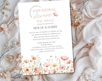 Across the Miles Baby Shower Invitation: Long Distance, Wildflower Bloom (Printable Template, Instant Download) E2501