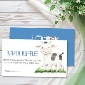 Farm Diaper Raffle Ticket: Blue Tractor Baby Shower Game (Editable Printable, 3.5x2&quot;) E2518