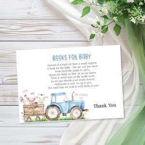 Livres pour carte de bébé, modèle d'insertion de demande de baby shower à la ferme, animaux tracteurs bleus, fête au ranch de bébé garçon, édition imprimable Corjl, E2518