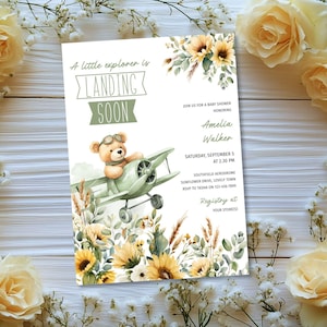 Airplane Baby Shower Invitation: Travel Theme, Teddy, Sunflowers & Eucalyptus (Digital Template) E2536