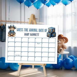 Blue Jean Baby Due Date calendrier, jeu de baby shower en denim, devinez la date d'échéance modèle imprimable, modifiable, téléchargement numérique, E2523