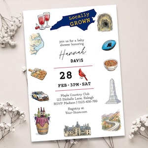 Puede incluir: Invitación a un baby shower con ilustraciones en acuarela de monumentos e iconos de Carolina del Norte. La invitación incluye el texto "Locally Grown" y los detalles del baby shower de Hannah Davis el 28 de febrero.