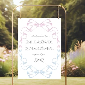 Coquette Bow Gender Reveal Welcome Sign: Pink & Blue (Editable Printable) E2506